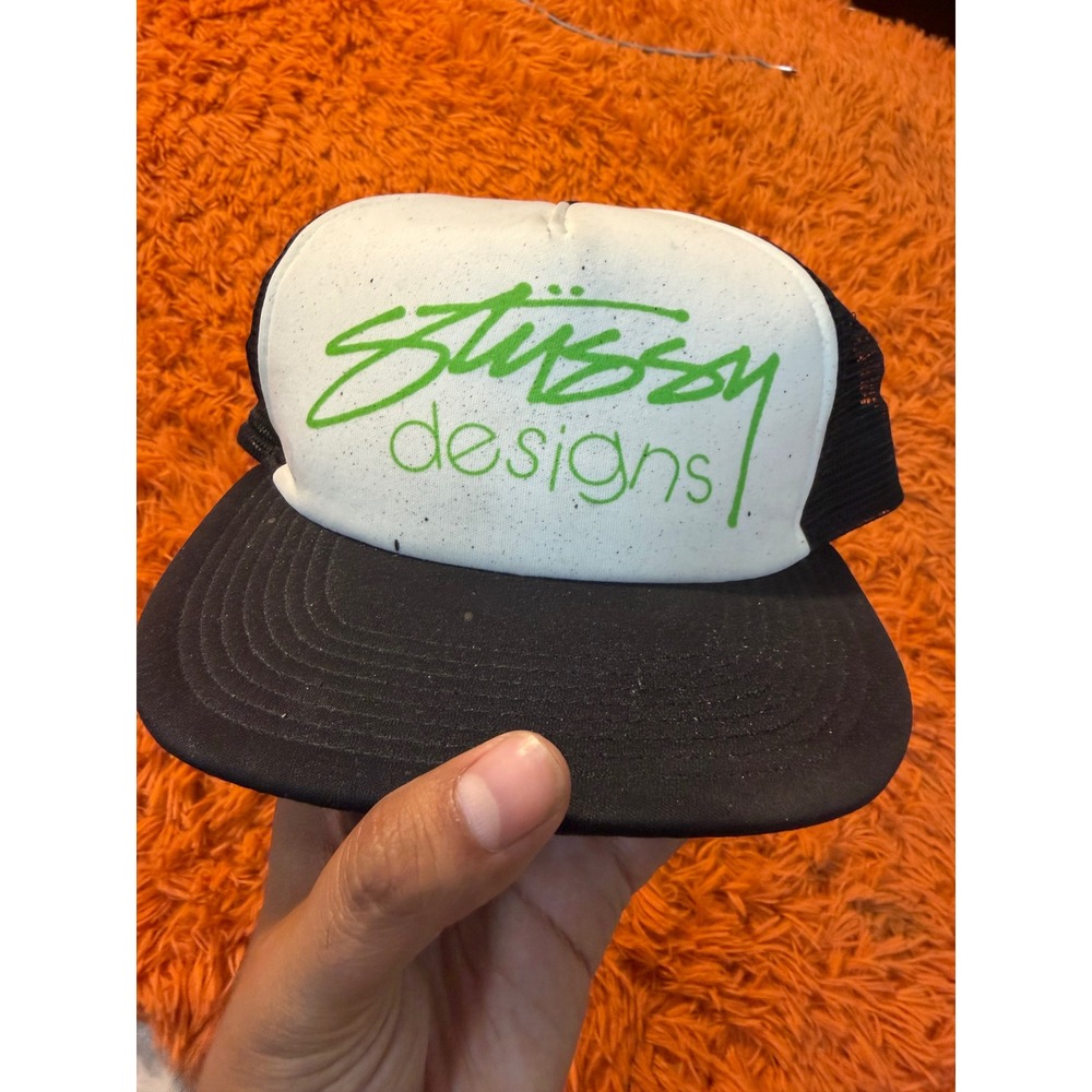 Stussy Designs Trucker Hat Black White Green Logo Snapback Mesh Cap